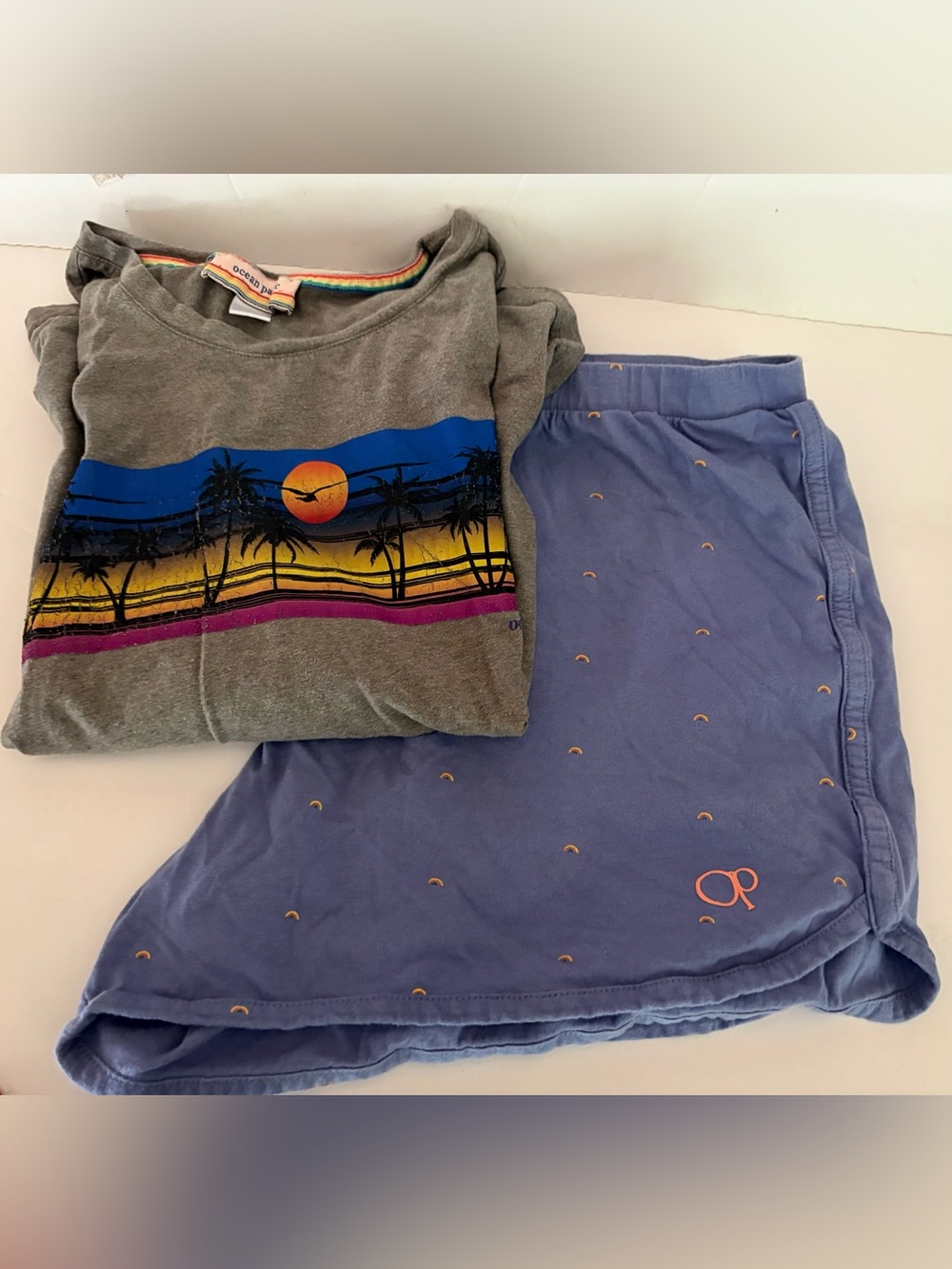 OP Day-breakers Pajama Set- Heather Gray Sunset Graphic Tee with Blue Shorts